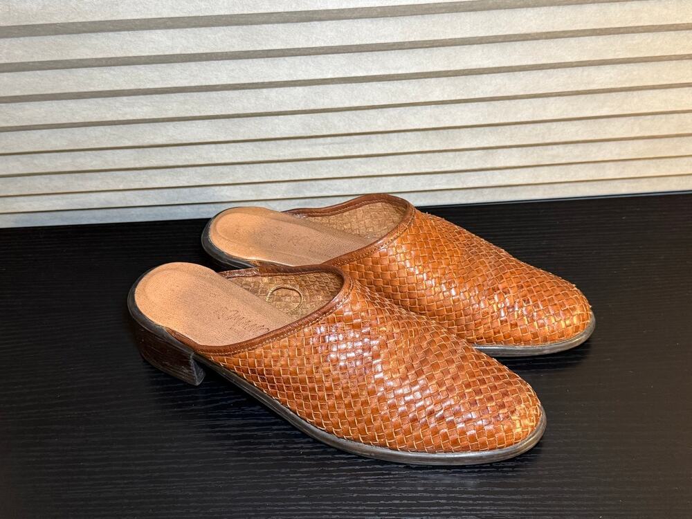 Vintage Romano Sara Woven Leather Mule Clogs Brown Slip On Sz W 8 Made in Brazil